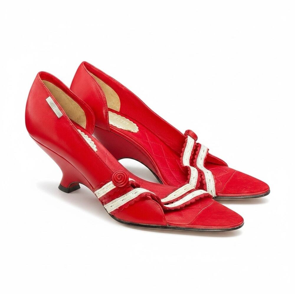 Velez Red Leather French Kitten Heels Pumps White Ribbon Trim Rose Women's EU 38